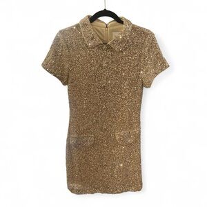 NWT Mable Anthropologie White Gold Sequin Collared Party Mini Dress, Size S.